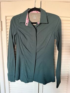 Women's Teal Button-Front Shirt with Pink Trim